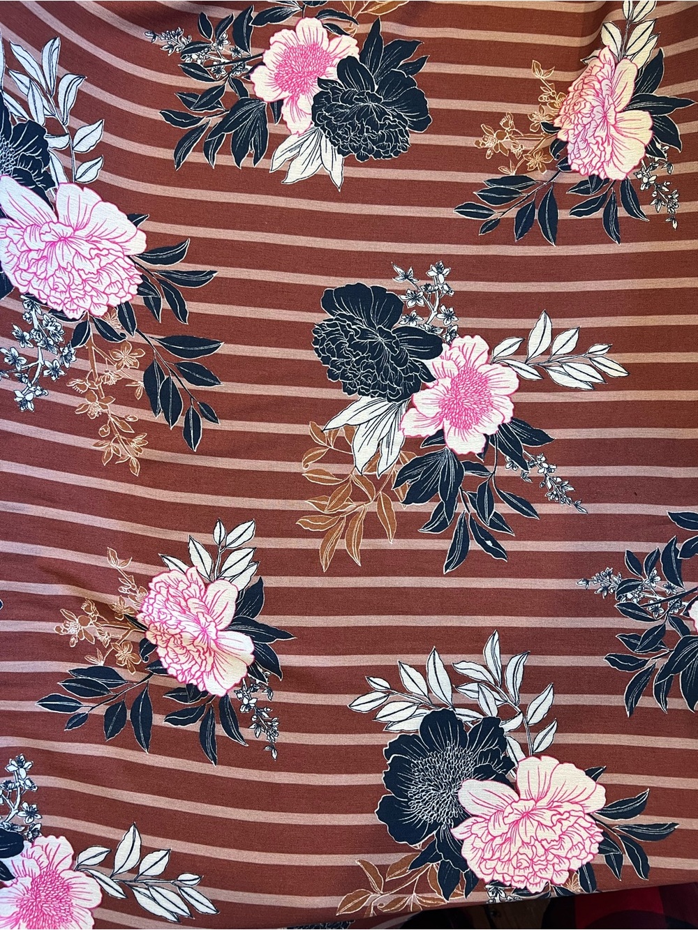 3 yards light weight cotton fabric, 54 in wide, rust colored striped floral